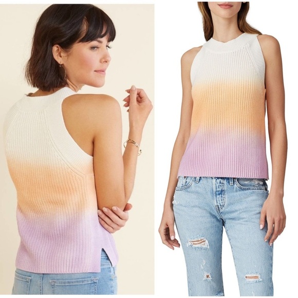 525 AMERICA Cotton Rib Knit Ombre Pastel Stripe Halter Neck Sweater Tank Top M - Picture 2 of 8